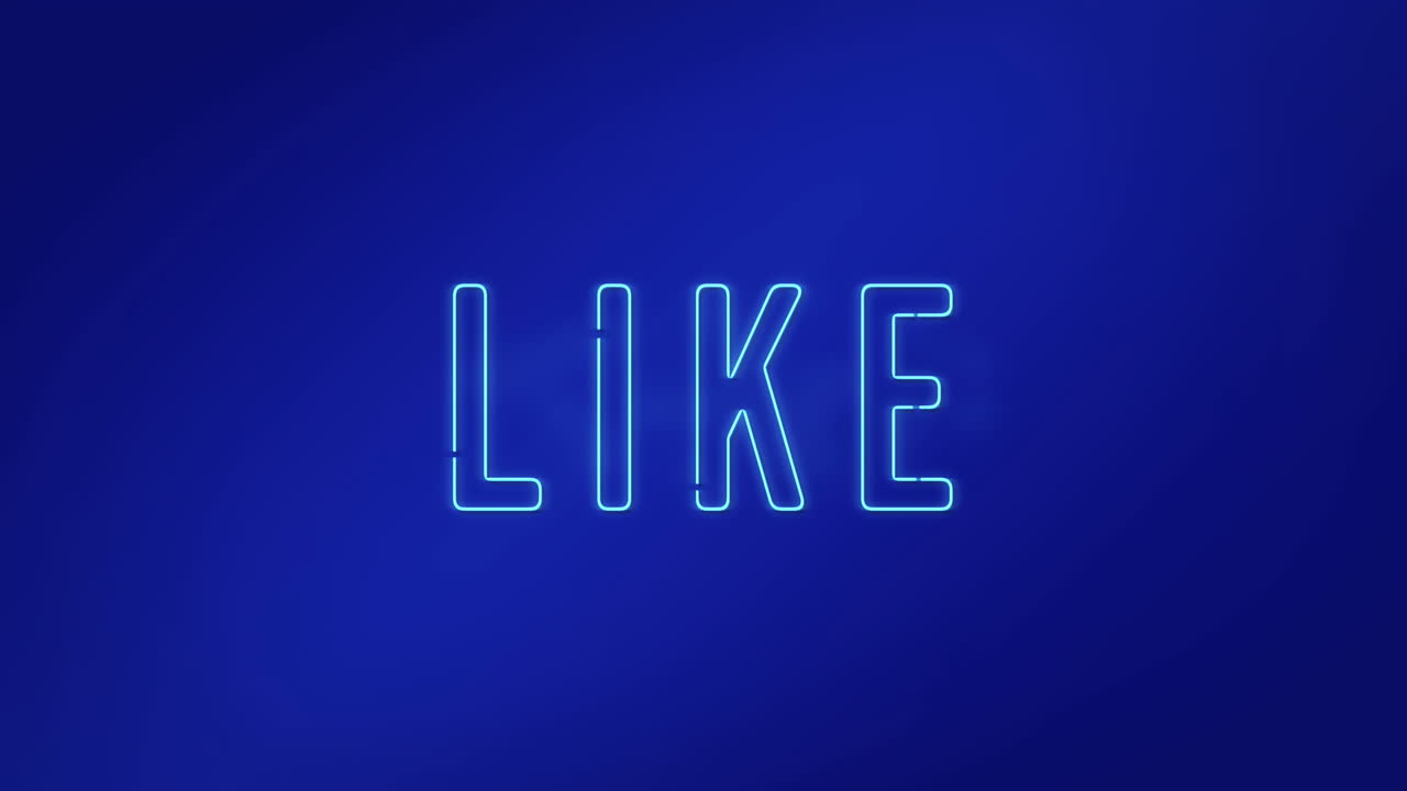 Animação de banner de texto em néon em fundo gradiente azul.