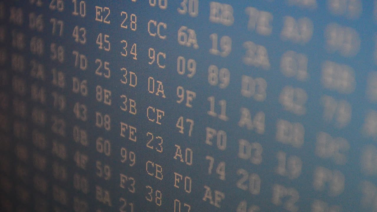 Speed of change of a code. Code binary on the monitor. Hexadecimal program code on screen. Animated background of moving binary code numbers