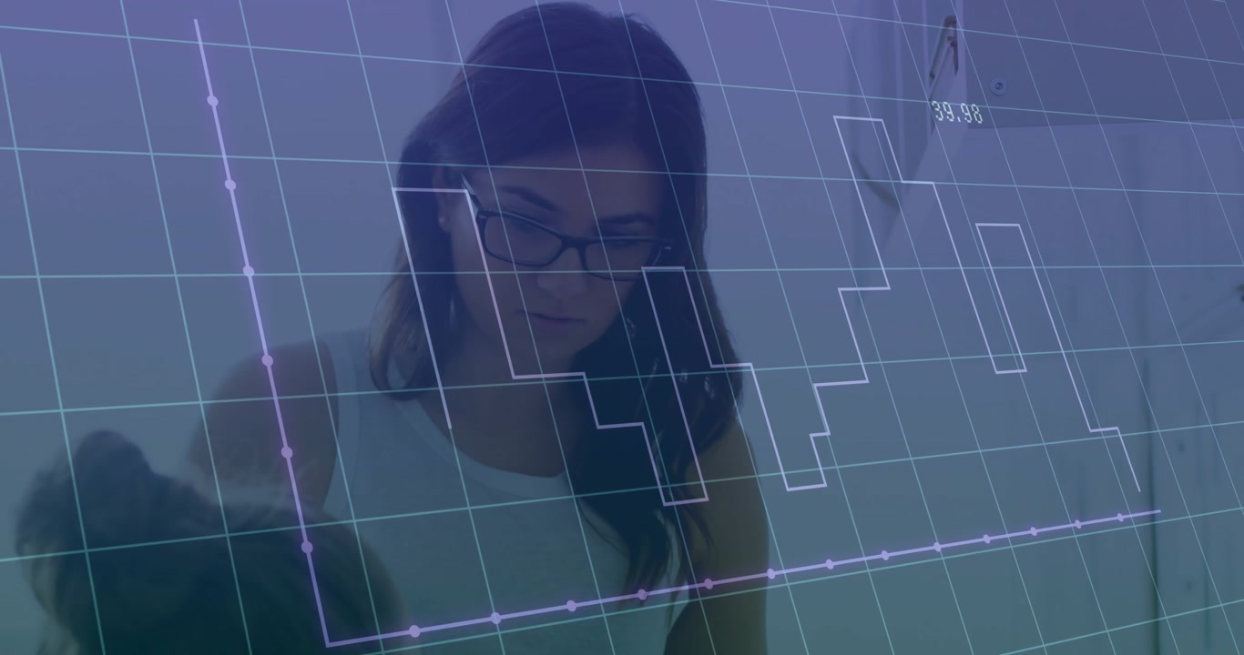 Business manager pointing at vertical display, grid overlay evolving into purple bars for insights