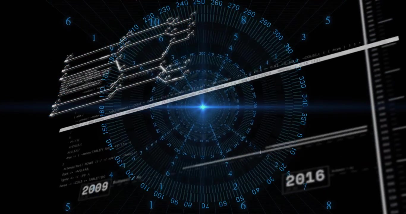 After pause HUD rotating ring animating data branches and fading year labels visualizing timeline