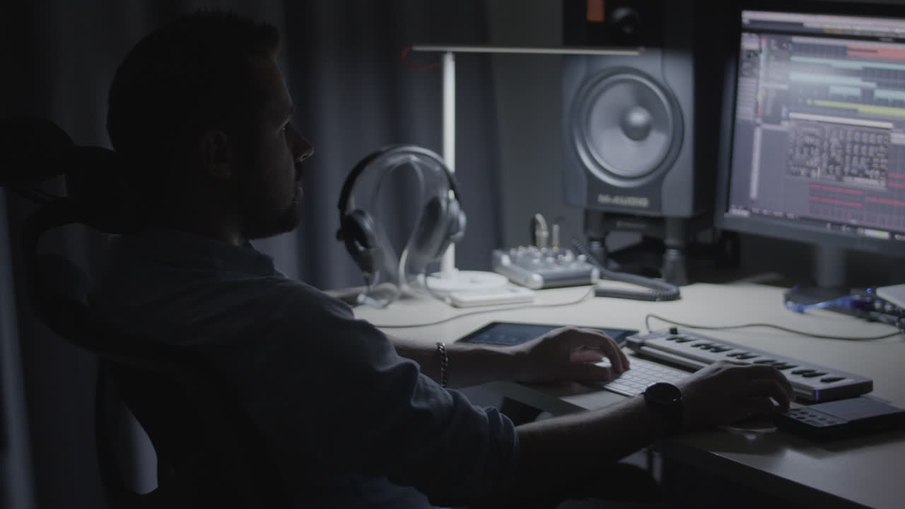 Producer - Sound engineer - musician checking a sound mix in his studio