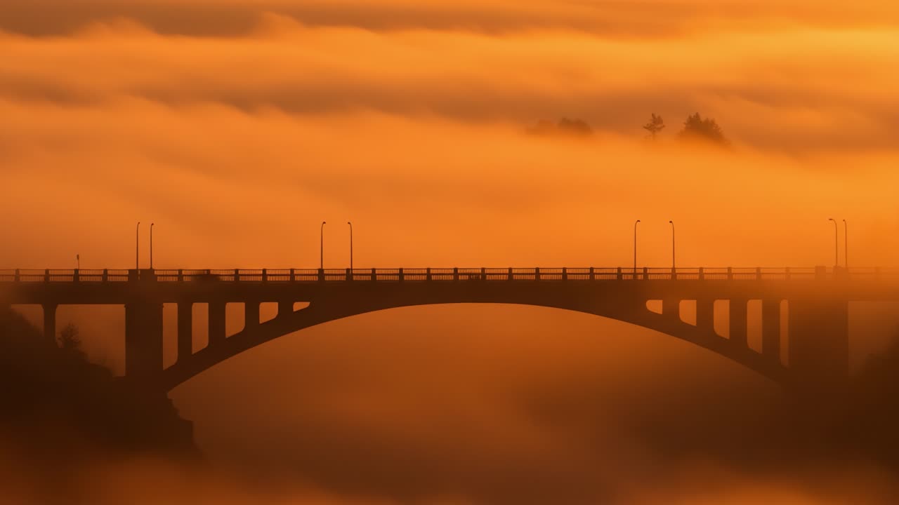 A Serene Sunset Over a Majestic Bridge Surrounded by Enveloping Fog, Capturing the Golden Hues of Twilight in a Breathtaking Landscape Scene