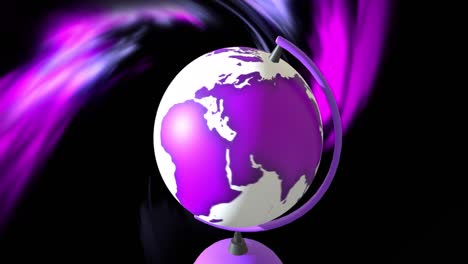 Animation-of-globe-spinning-over-purple-light-trails-on-black-background