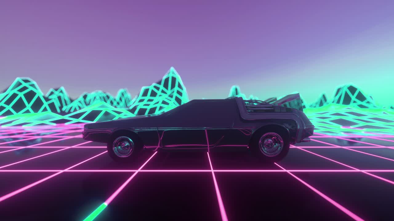 Sfondo con auto fantascientifica in stile retro-futuristico anni '80. Animazione video 3D in loop continuo