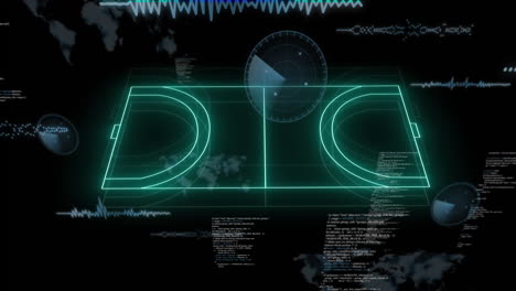 animación del procesamiento de datos financieros sobre el campo deportivo