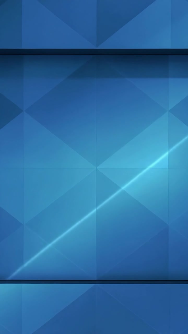 Video verticale: Pannello a piastrelle blu iniziale che si trasforma, mostrando barre scure e una griglia per l'interfaccia utente con una striscia diagonale.