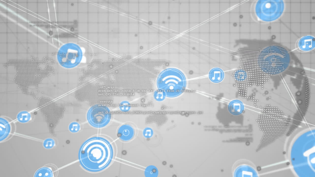 animación de una red de iconos digitales sobre un globo giratorio y un mapa del mundo sobre un fondo gris.