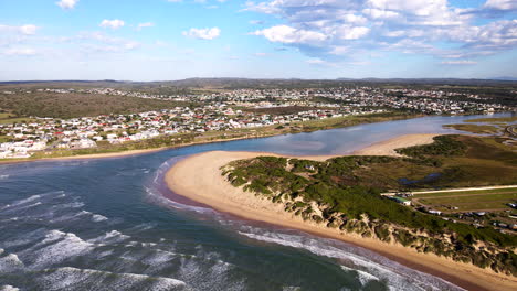 Bird's-eye-drone-view-of-Still-Bay-Goukou-river-mouth-at-beautiful-sunrise