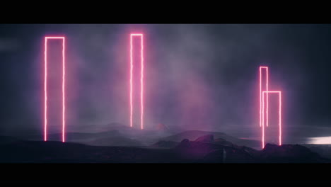 rocky landscape with huge pink light portal structures