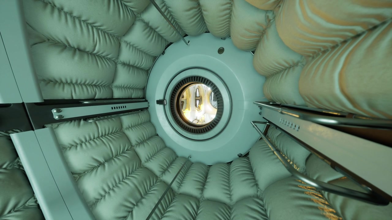 Habitat per astronauti con isolamento felpato e spazio di archiviazione organizzato.