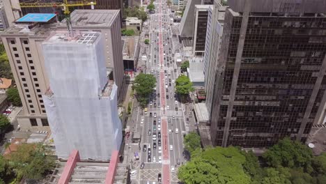 brazil's main street is full of cars and people on a sunny day in sao paulo- an aerial shot of avenida paulista and landmarks