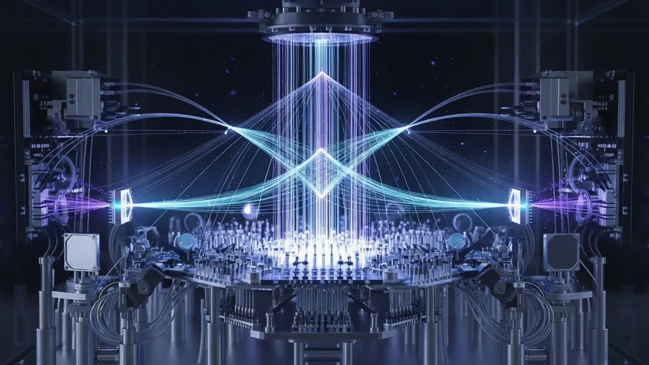 An Advanced Quantum Computing Setup Showcasing Entangled Photons and Light Manipulation in a Cutting-Edge Laboratory Environment