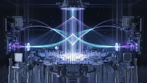 an advanced quantum computing setup showcasing entangled photons and light manipulation in a cutting-edge laboratory environment