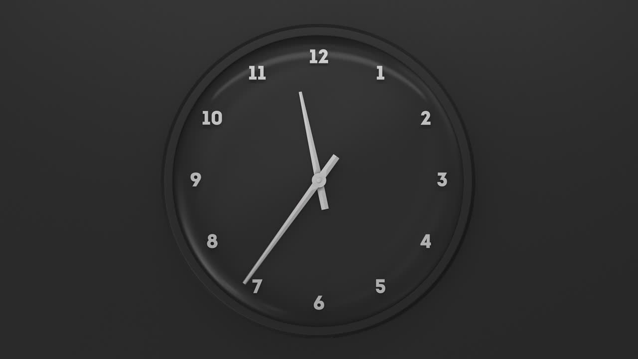 Black clock on black backdrop with white numbers and arrows. Fast motion of minute and hour arrow. 3d render.