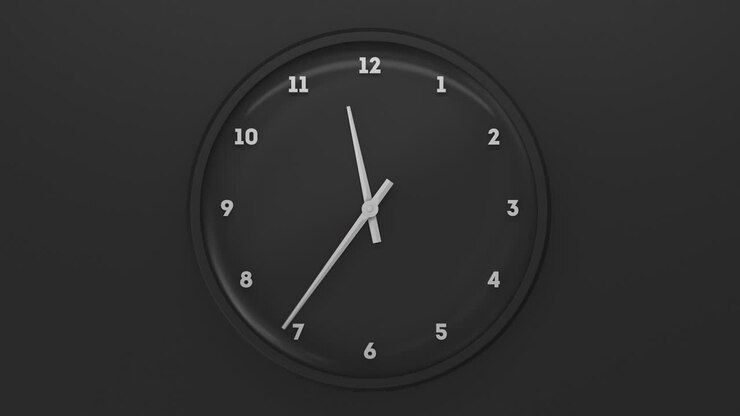 Black clock on black backdrop with white numbers and arrows. Fast motion of minute and hour arrow. 3d render.