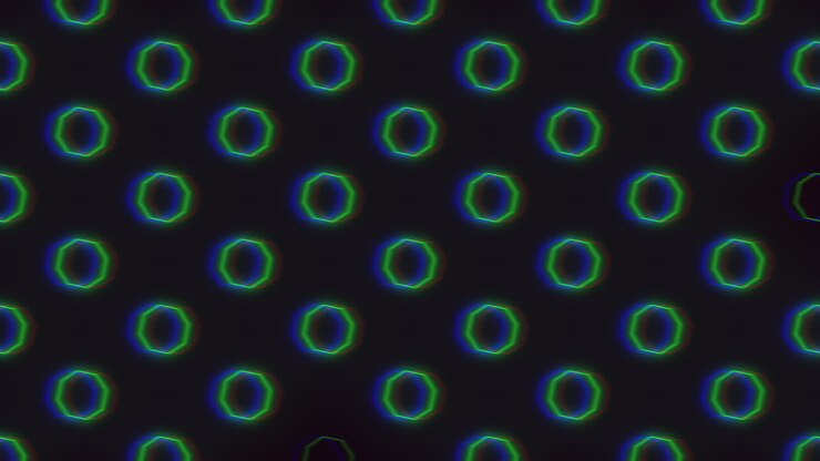 Fundo abstrato com padrão de anéis néon e brilho de aberração cromática