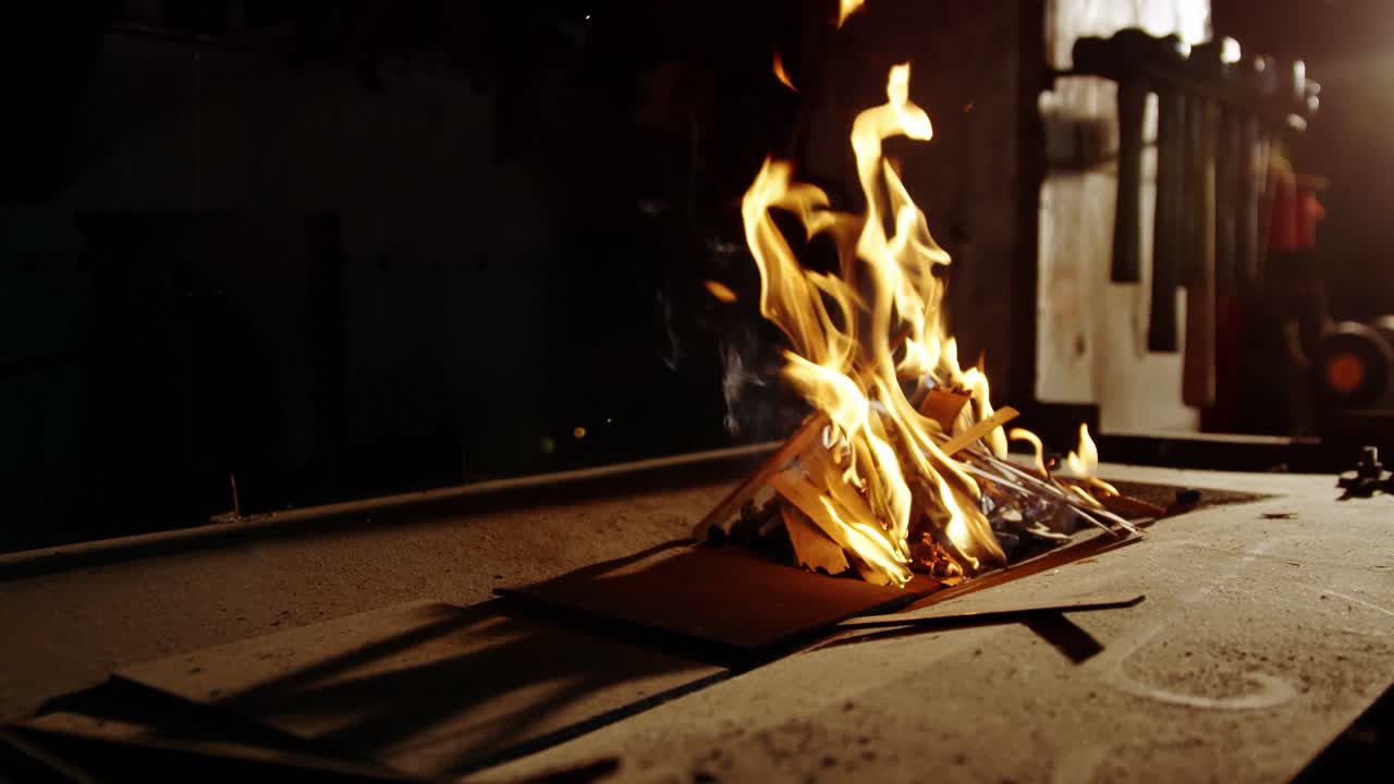 도공 작업을 위해 벽난로에서 불을 태우는 것