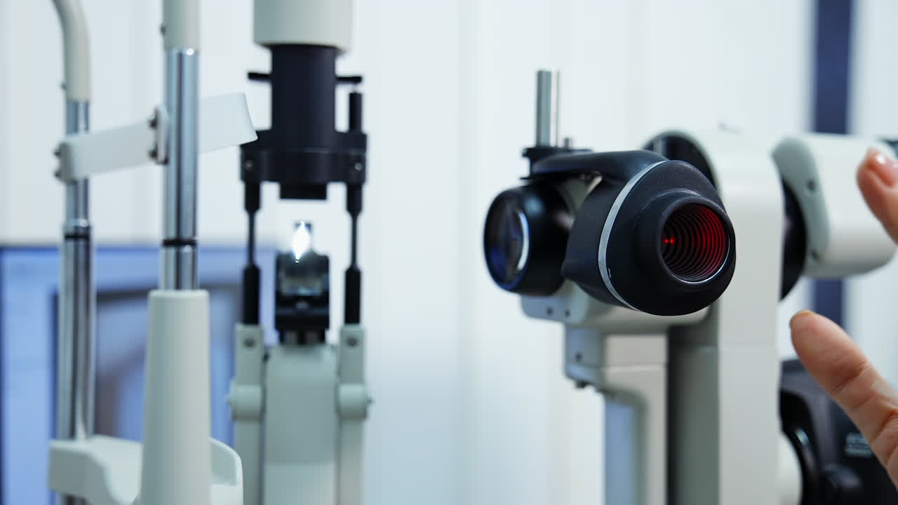 Panning shot of female ophthalmologist`s hand doing eye exam with slit lamp. Preparing special technic for checking eyesight. Selective focus.