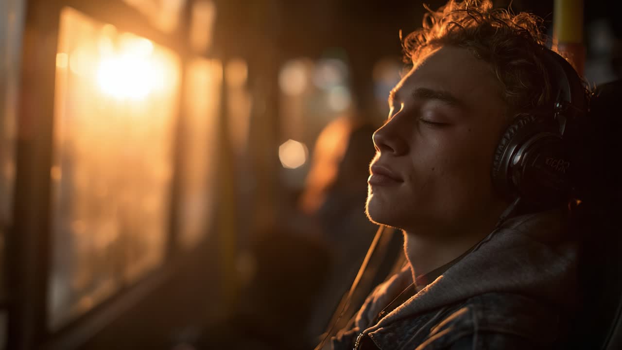 A Young Man Enjoys a Moment of Serenity While Listening to Music on a Bus as the Golden Sunset Fills the Cabin with Warm Light