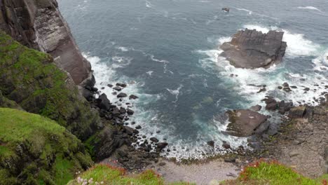 a slow tilting shot, revealing a rocky bay with waves crashing against rocks and a tall sea cliff in the ocean while seabirds fly around the cliffs of a seabird colony, handa island, scotland