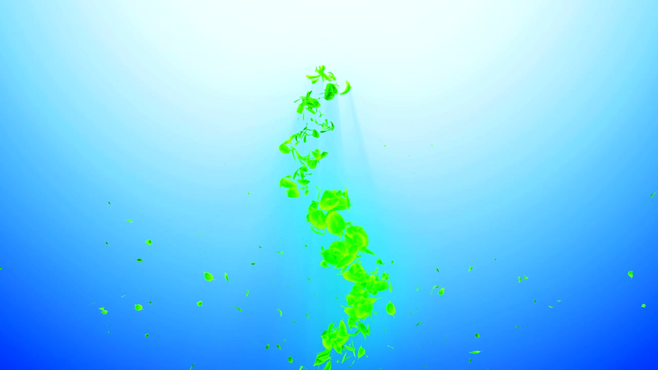 초록색 잎에서 나오는 소용돌이, 스피럴 모양의 반이는 계절 잎의 입자, 춤추는 잎, 다채로운 자연 터널 루프 애니메이션.