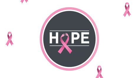 Animation-of-multiple-pink-ribbon-logo-falling-over-hope-text-appearing-on-white-background