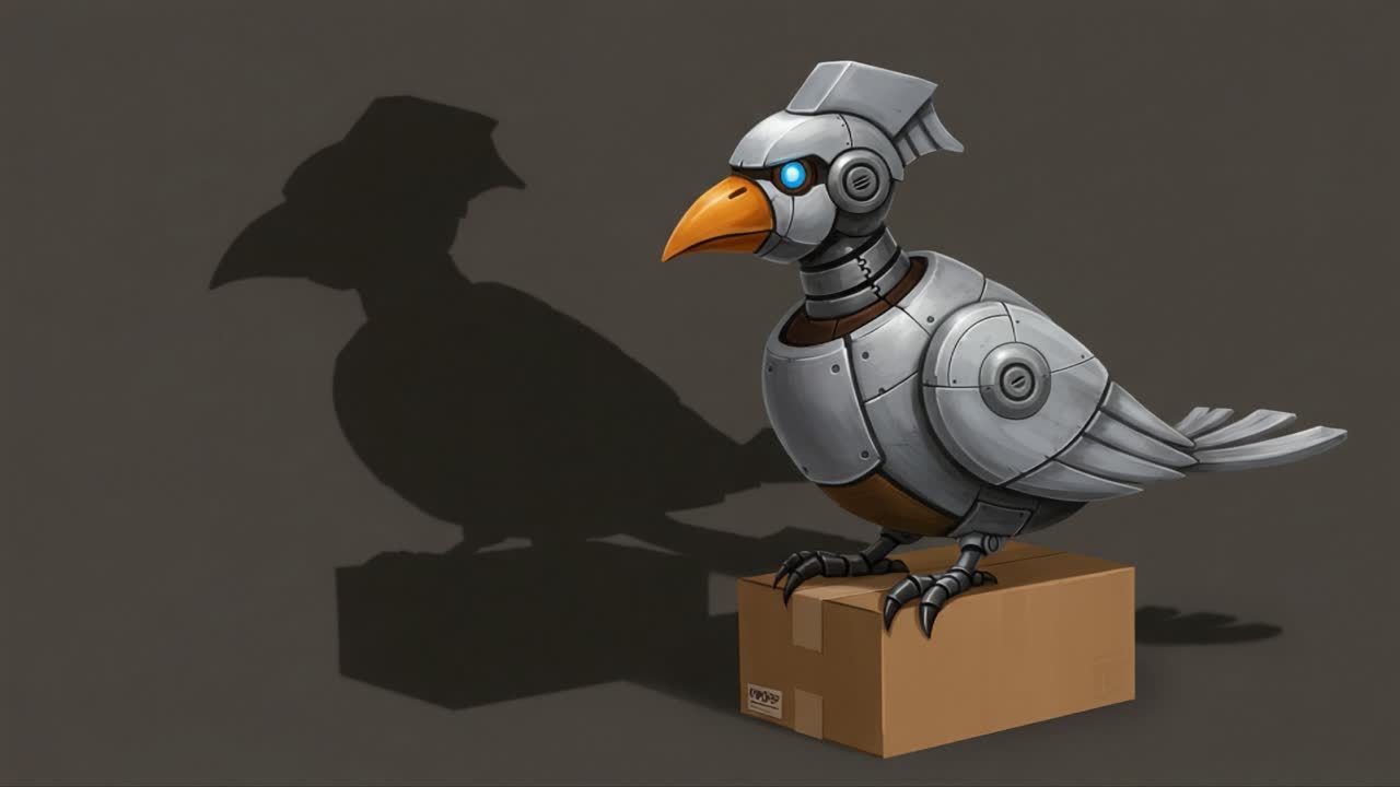 Un uccello meccanico futuristico appollaiato su una scatola di cartone, che mostra un design avanzato con caratteristiche metalliche e un sorprendente occhio blu su uno sfondo semplice.