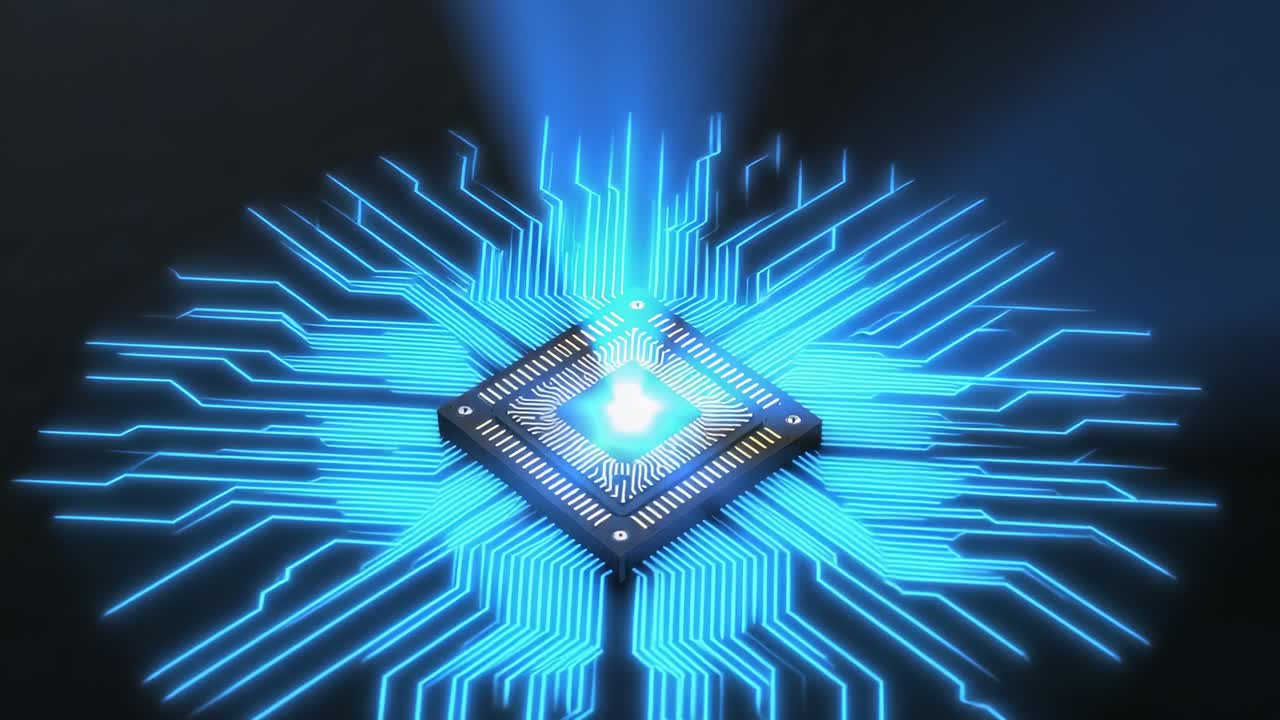 Blå stråle rammer firkantet chip med skruer på mørkt, mat kort og oplyser radiale kredsløb