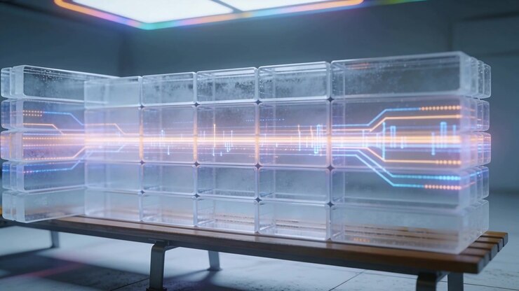 Animating clear blocks pulsing orange-blue lines as band brightening on wooden bench