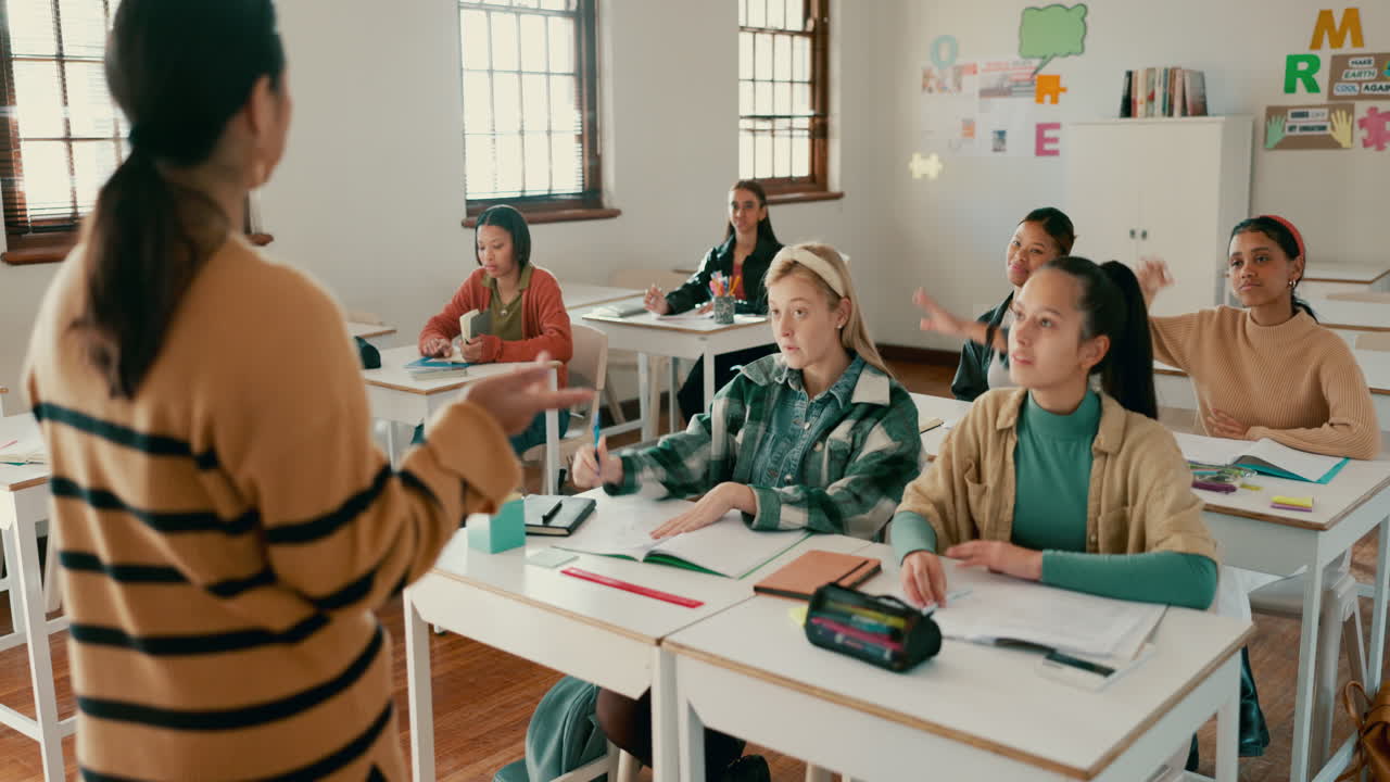 Education, hands raised and a woman teacher