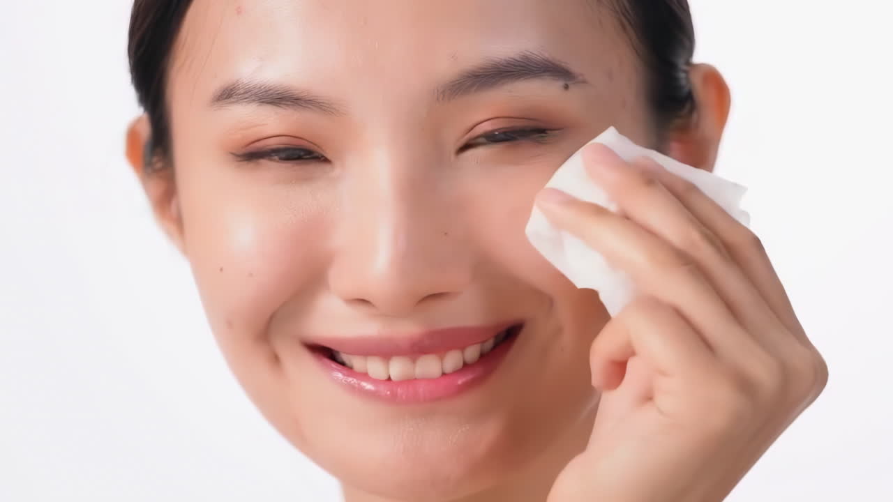 Beautiful young girl female with healthy skin doing makeup using wet wipes to moisturize