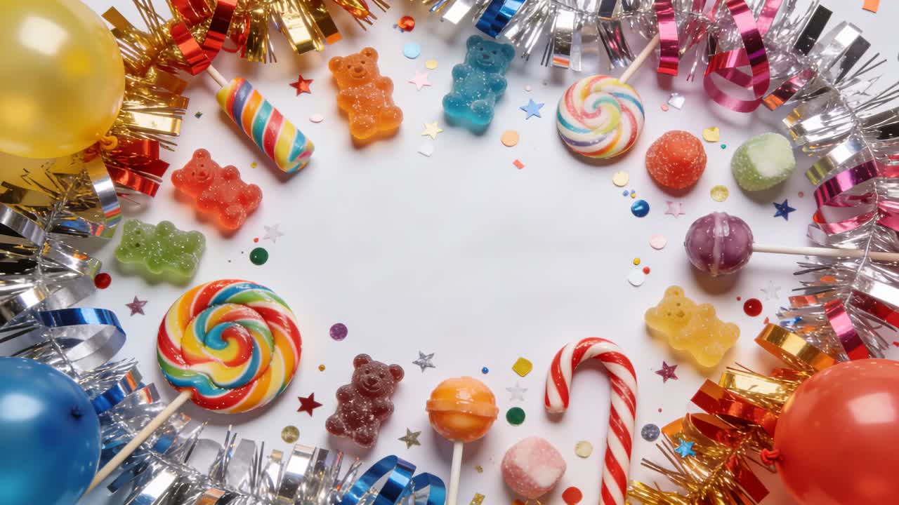 Câmera em movimento panorâmico revelando uma guirlanda circular de doces sobre uma mesa branca, exibindo um balão rosa e enfeites brilhantes