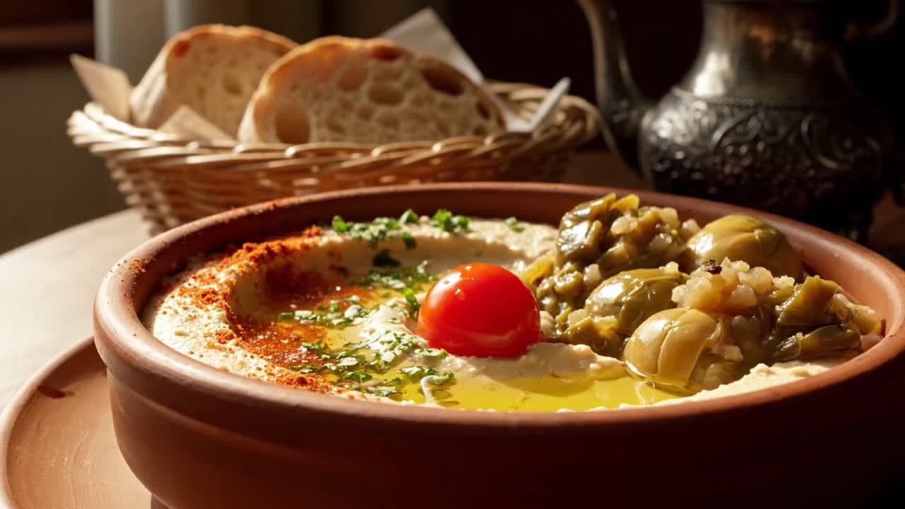 Rustic Bowl of Hummus with Olives and Fresh Bread