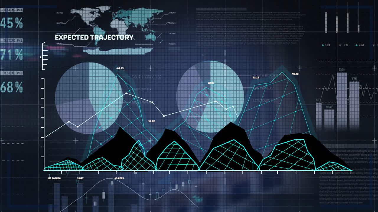 animación del procesamiento de datos y diagramas sobre el mapa del mundo