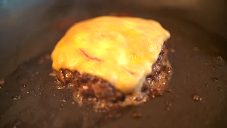 a delicious and juicy fried burger patty with melting cheese on top - wide shot