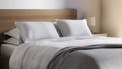 a neat and cozy bed with white linens and a wooden headboard