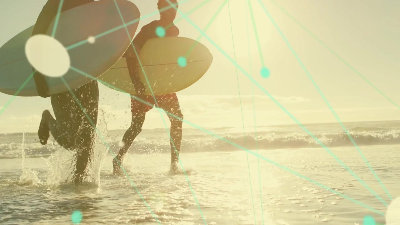 Two surfers running from sand seeing swell to surf, splashing, teal lines tracing boards, sports