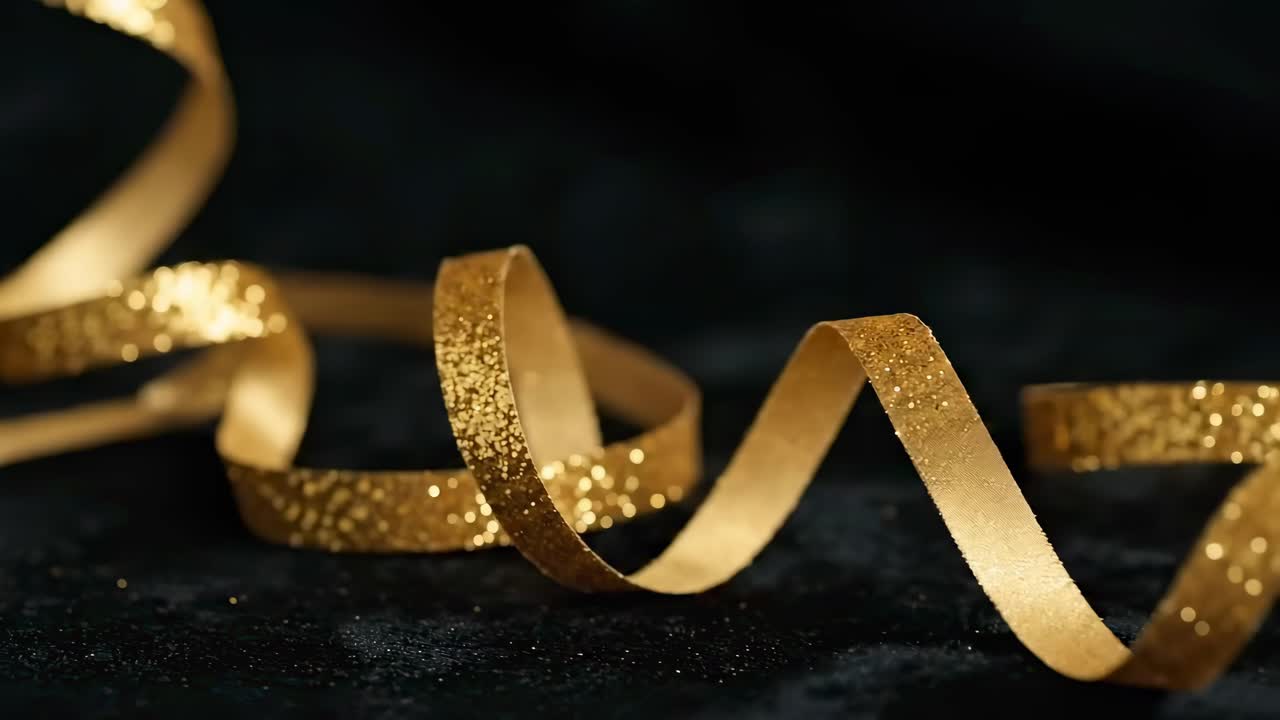 Close-up video of a glittery gold ribbon on a dark surface, shot from a low angle