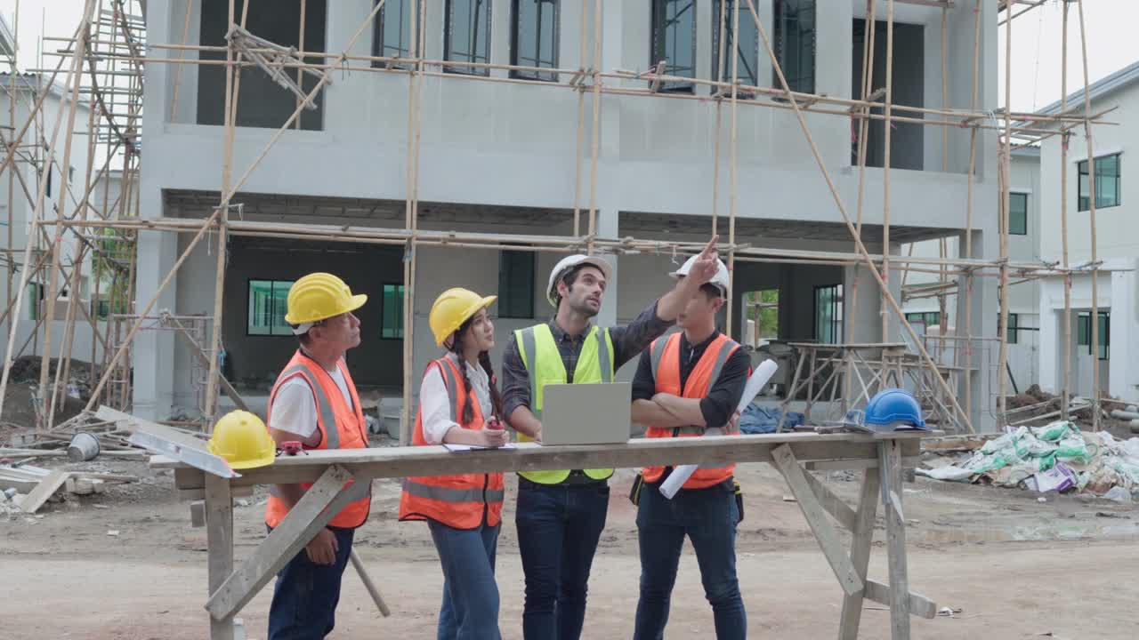 Diverse Team of Civil engineers manager, architects and foreman, worker. While use laptop inspect discuss meeting building project and pointing on construction site. Real estate and building concept.