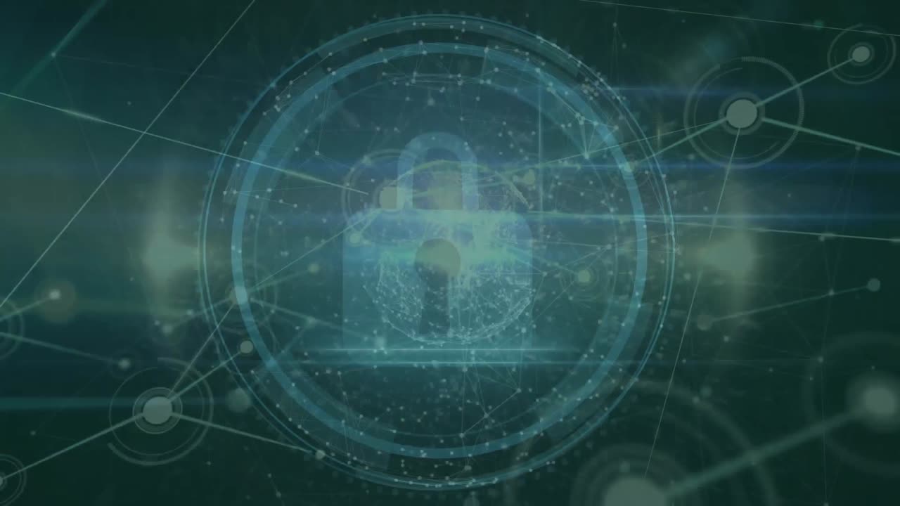 Animation of cyber security text, padlock, data processing and connections with globe