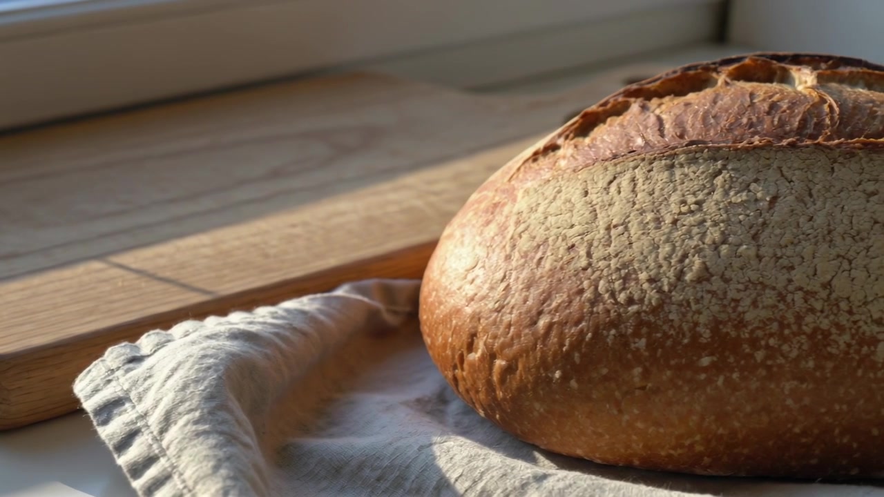 Sequence starting with sunlight, camera moving closer on kitchen counter, highlighting scored loaf