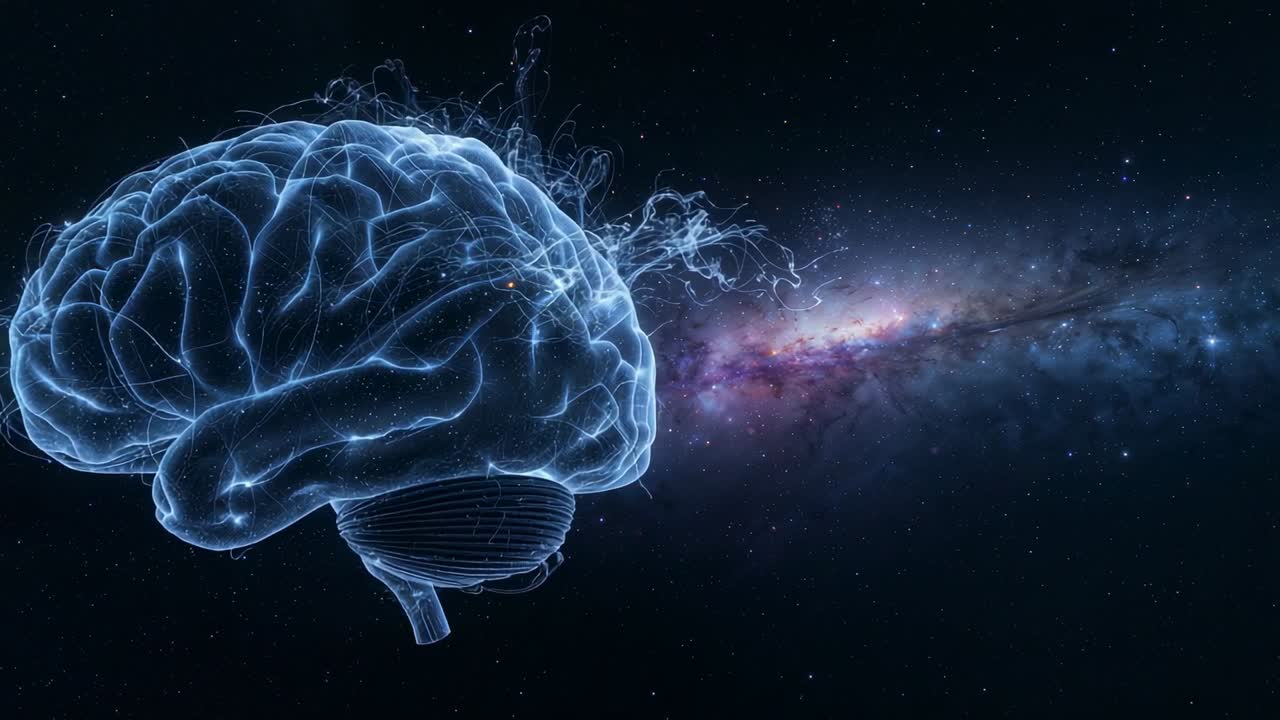 Zooming camera showing holographic brain in space with electric pathways and particle streams