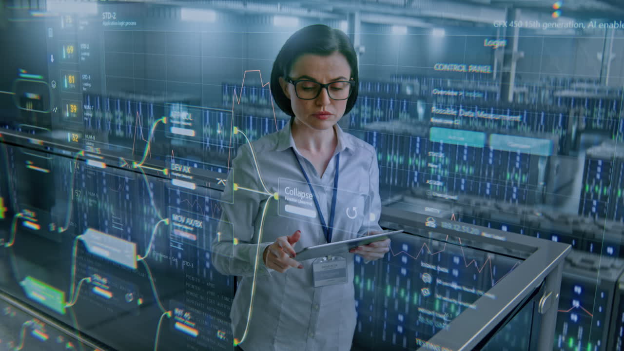 Woman Data Center Technician Monitoring Server Room