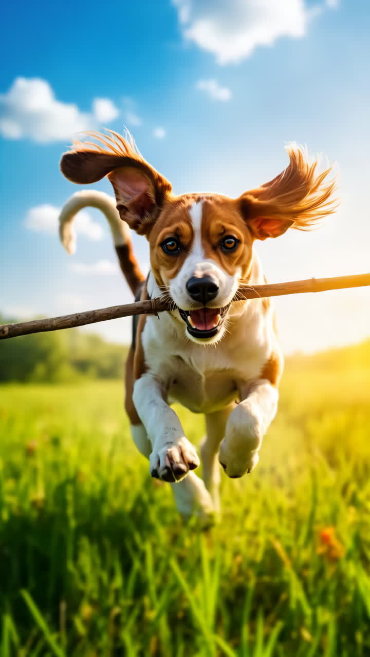 Beagle felice che corre e recupera un bastone in un campo erboso