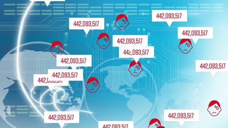 Animation-Roter-Piktogramme-Menschlicher-Gesichter,-Die-Mit-Steigenden-Zahlen-Auf-Weißen-Sprechblasen-Fliegen