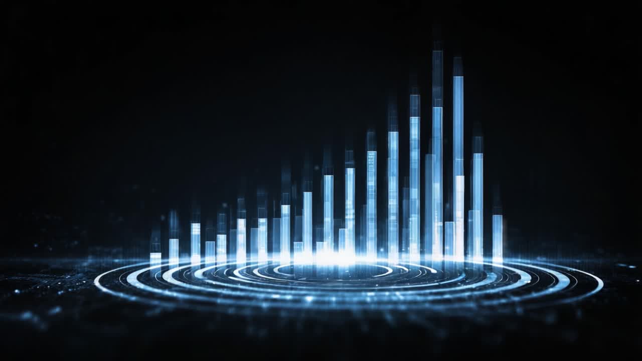 Visuelt slående datavisualisering med dynamiske blå stolper som representerer målinger i et mørkt miljø, skaper en futuristisk og høyteknologisk atmosfære.
