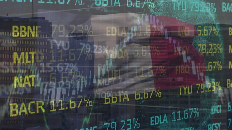 Animation of multicolored trading board with graph over flag of france and cityscape