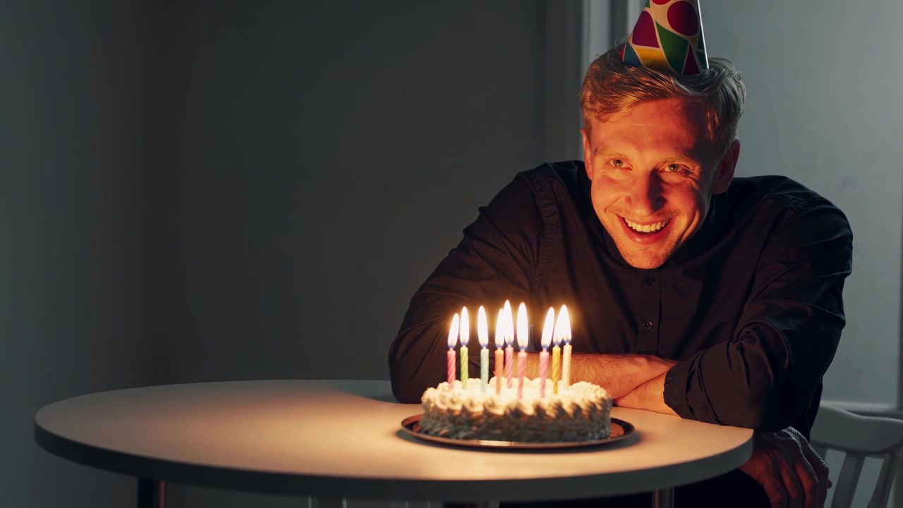 Uomo felice con cappello da festa che sorride a una torta di compleanno con candele accese