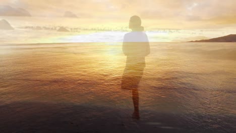 animation of landscape with ocean over caucasian woman walking at beach