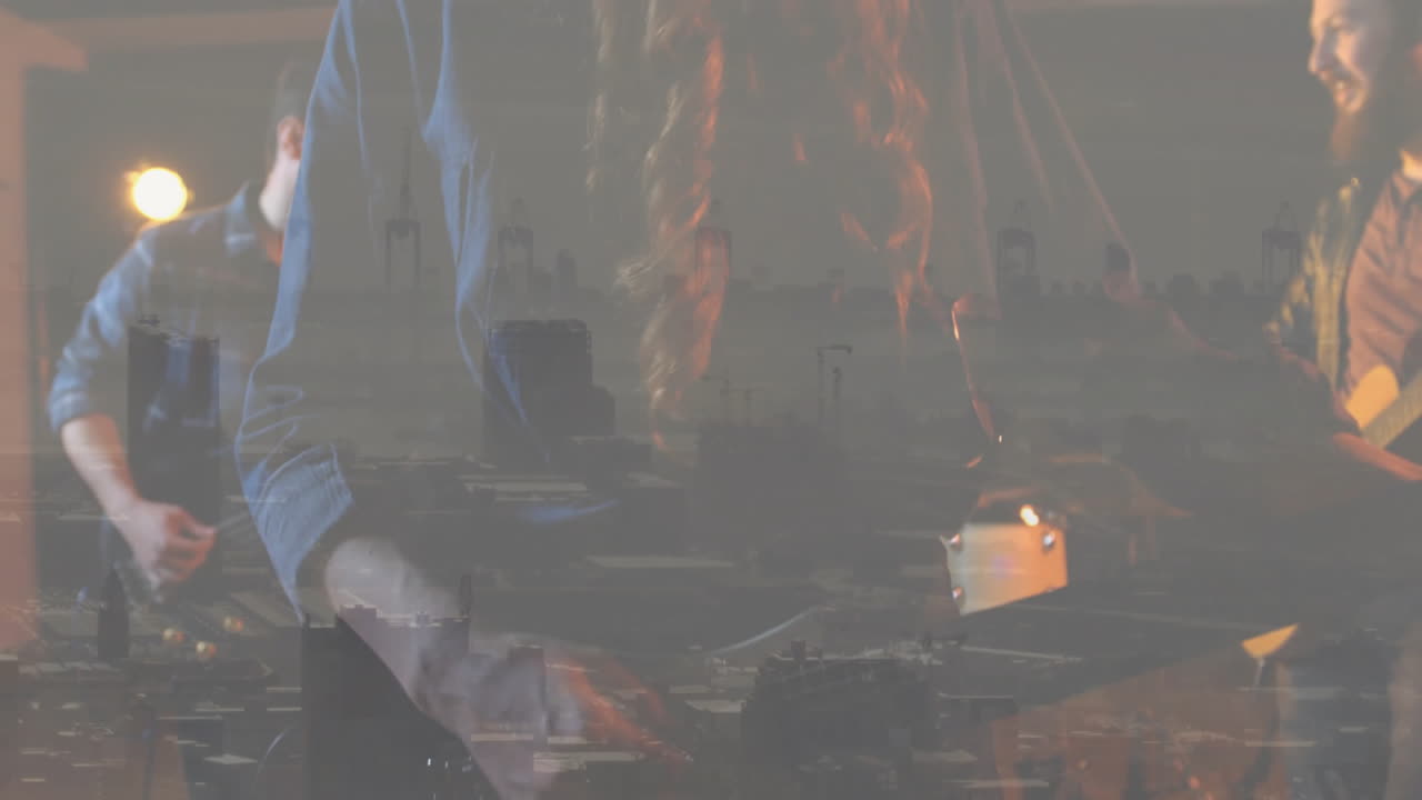 Female singer leading band performing under spotlights with animated equalizer for music industry